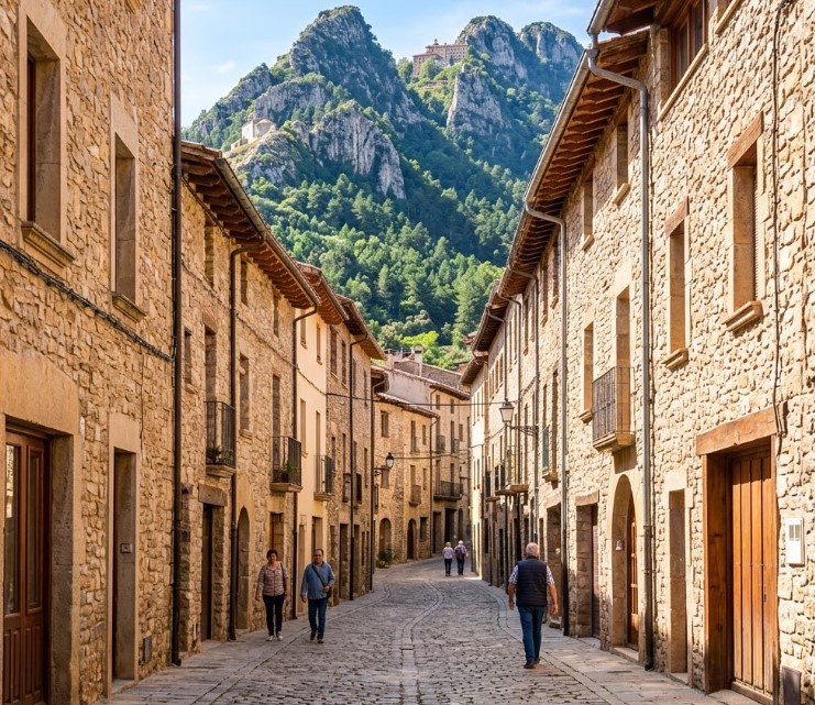 Vistas de las calles empedradas, casas de piedra y la montaña de Queralt en Berga